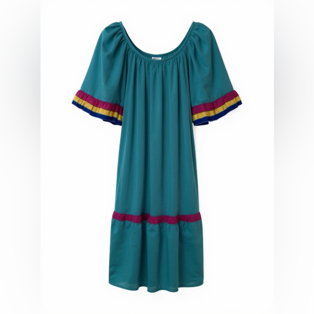 🌸 Vintage 1970s Teal Cotton Maxi Dress Ruffle Sleeves Boho XL 🌸‎